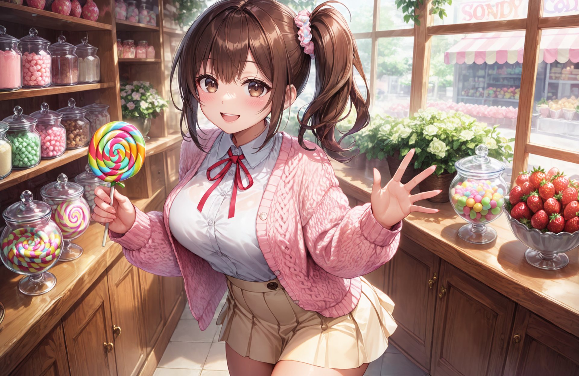 Ayame in a candy shop, holding a rainbow lollipop and waving
