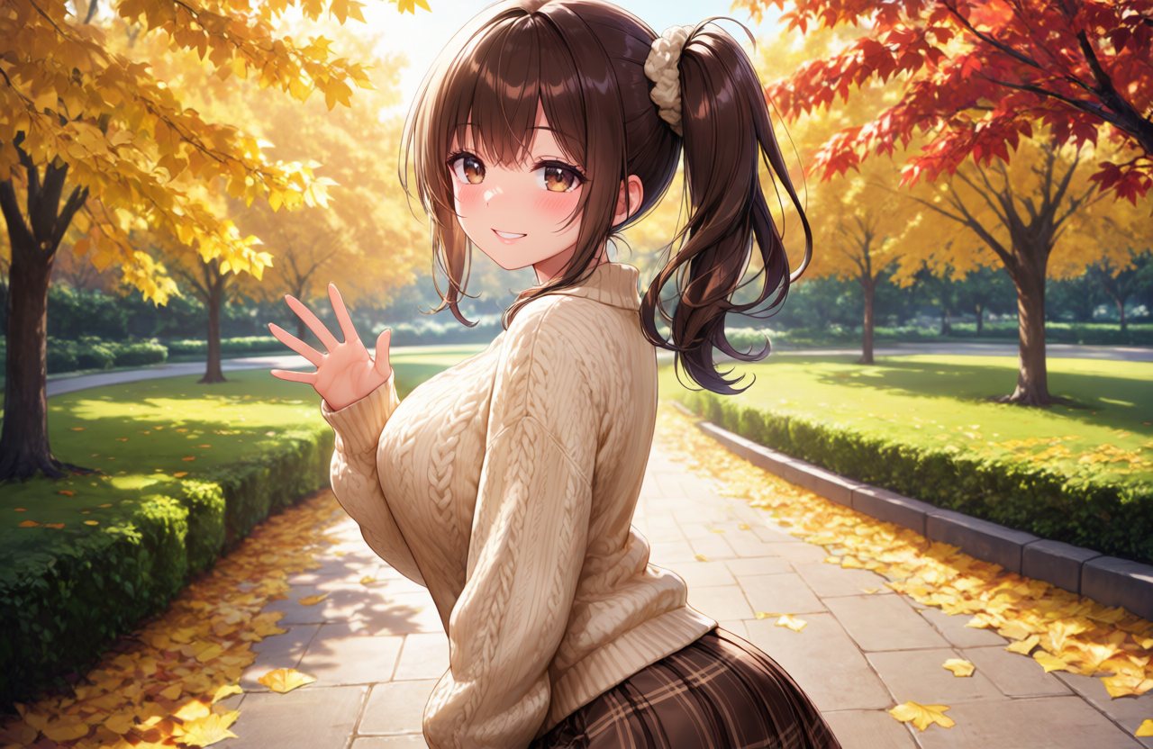 Ayame turning around to wave on a tree-lined path of autumn leaves