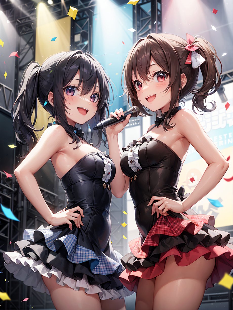 鈴音ちゃんのベースプロンプト
(Fluffy idol outfits with frills steal the limelight on stage, spotlight on stage,singing,Scattered confetti:1.6),smile,happy,blouse,dynamic pose,
,(dark black hair, metaric hair:1.2),(16 years old,height 143 cm, left side ponytail, (blue eyes,bright pupils,pupils sparkling:1.1), (small breast,bell hairpin:1.2): 1.1), dark black hair,dark black hair,dark black hair,